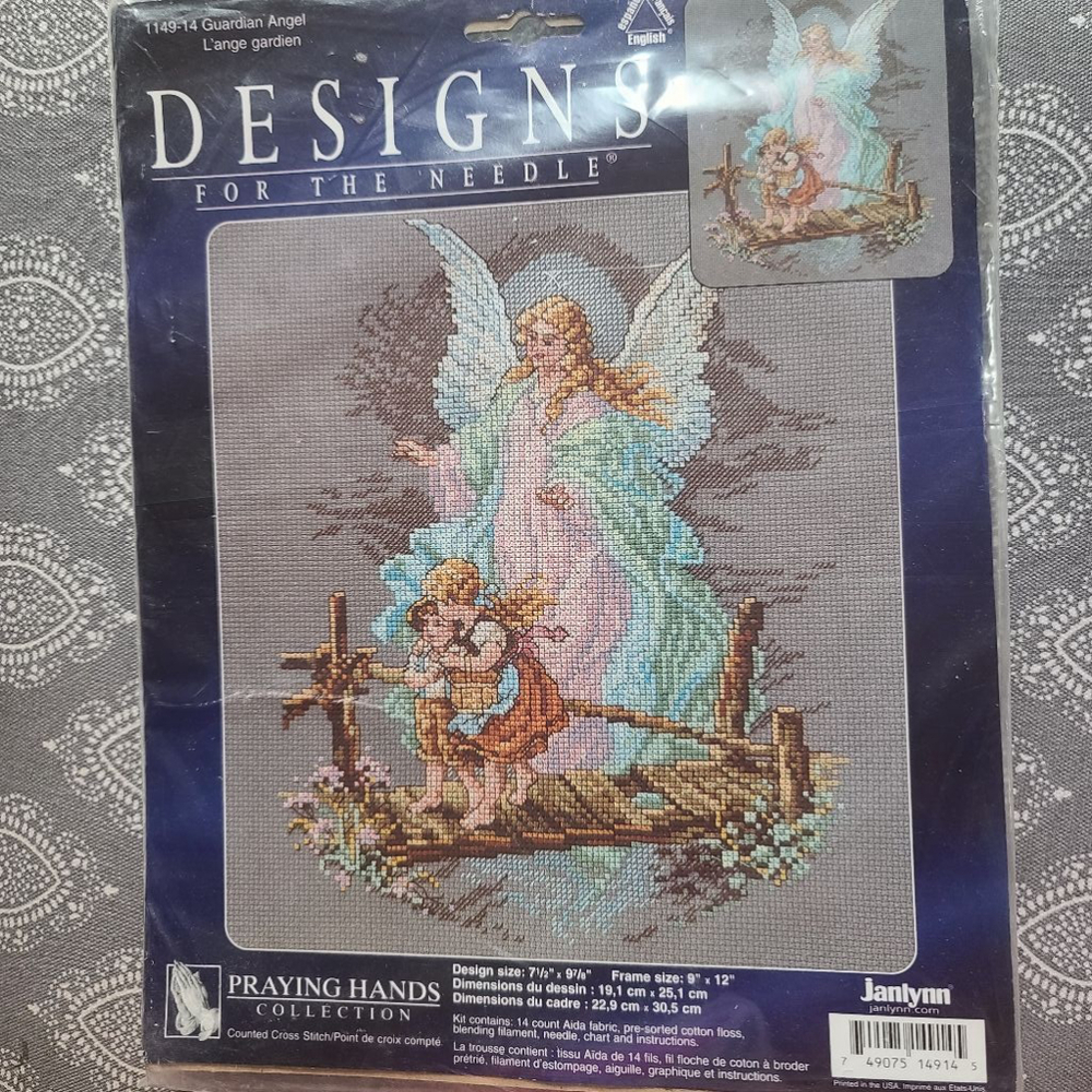 Vintage Cross Stitch Kit Guardian Angel 7 1/2 x 9 Janlynn Praying Hands